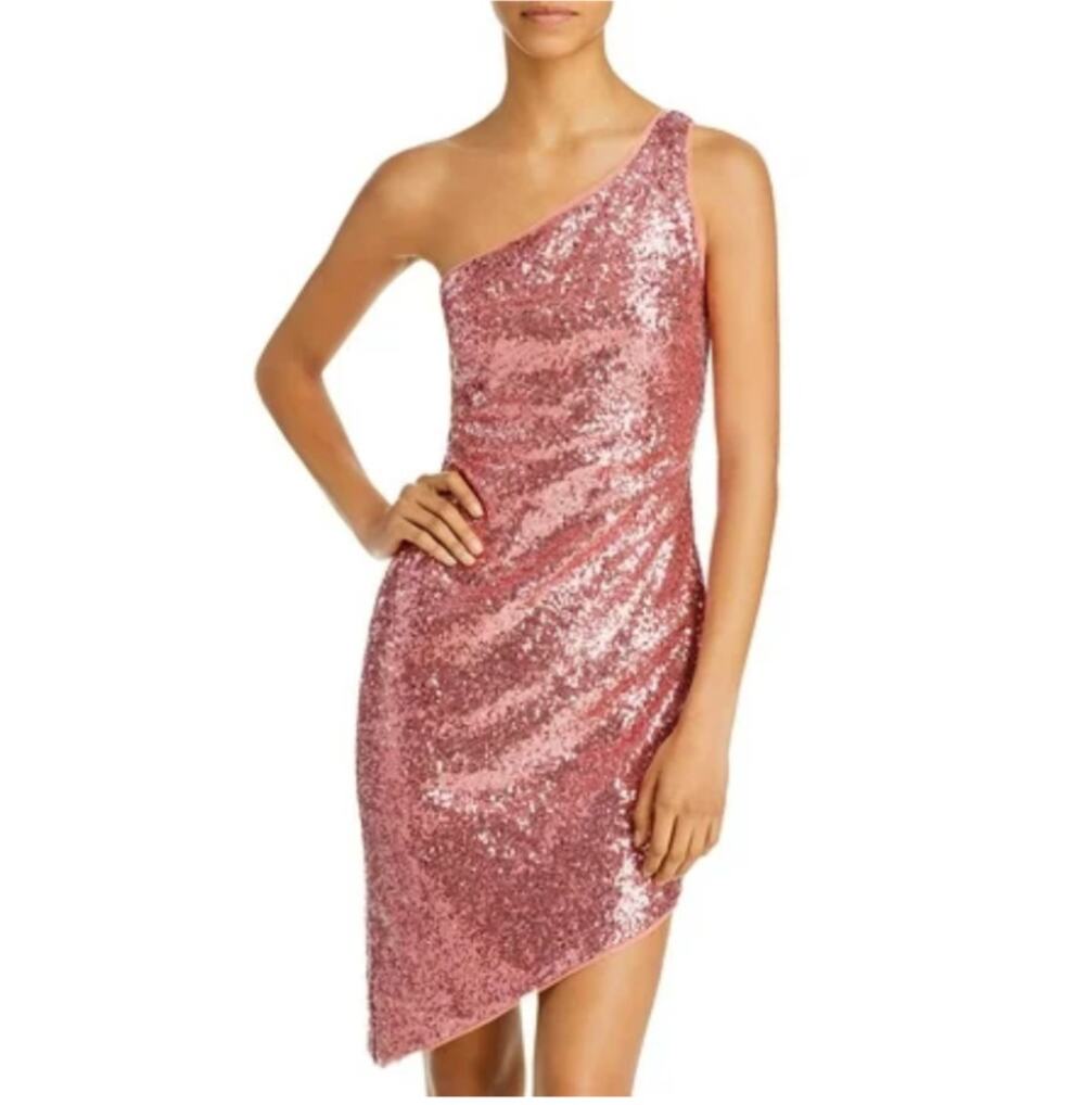 AQUA Pink Cocktail Dress Sequin One Shoulder Sparkly Mini Sheath Size Medium